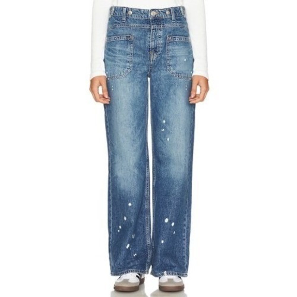 We The Free People Palmer Cuffed Slouchy‎ Wide Leg Paint Splatter Jeans Blue 27